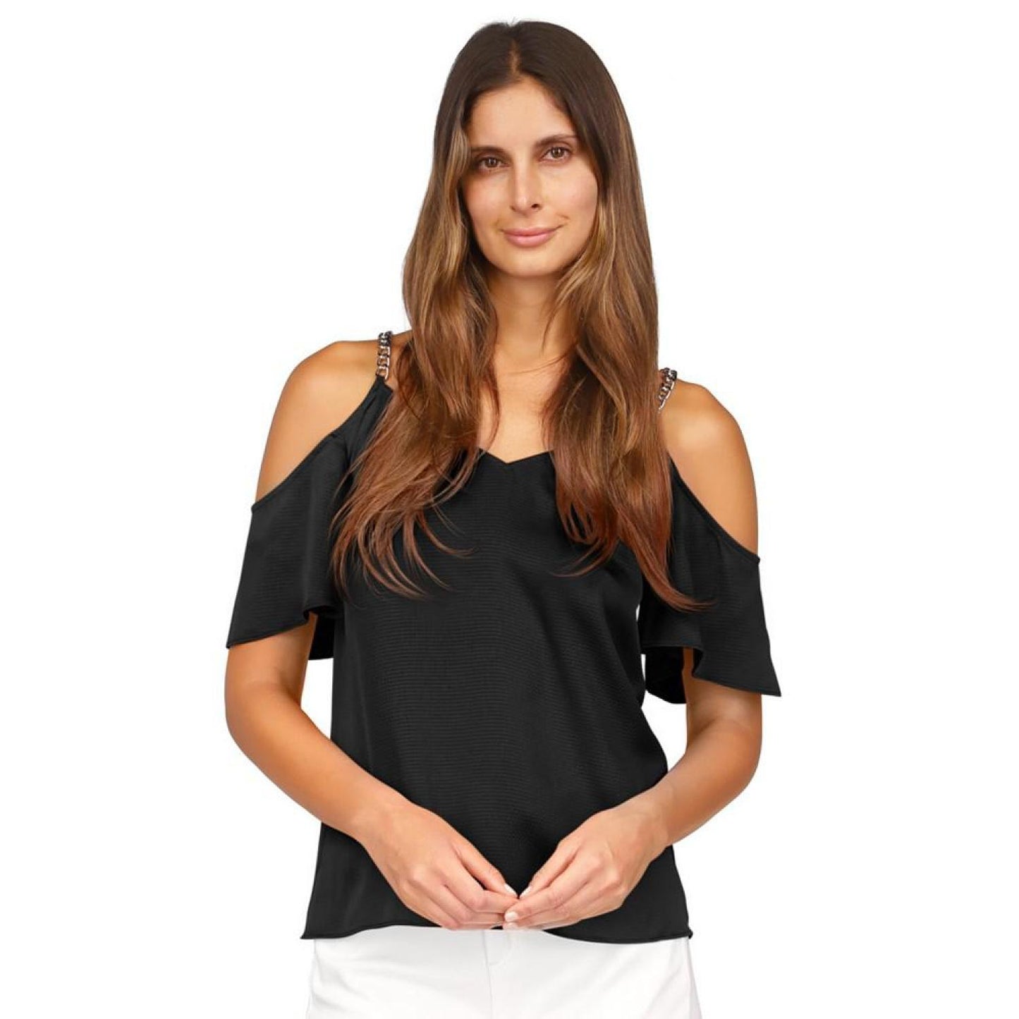 Women's V-Neck Cold-Shoulder Chain-Trim Top