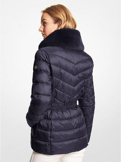 Faux Fur Trim Quilted Nylon Packable Puffer Jacket