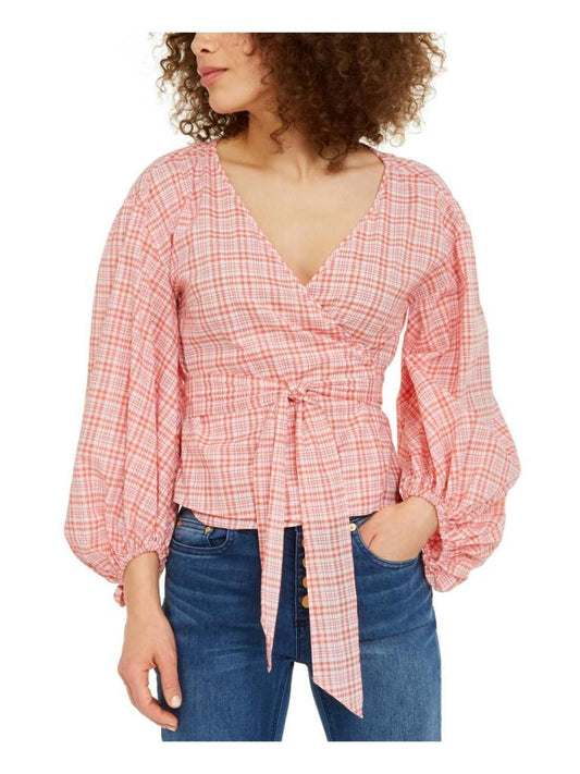 Womens Plaid Tie-Front Wrap Top