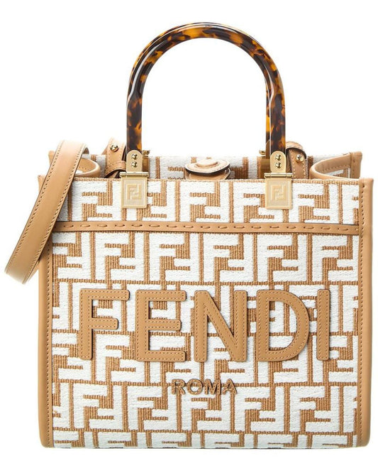 FENDI Sunshine Small Raffia & Leather Tote