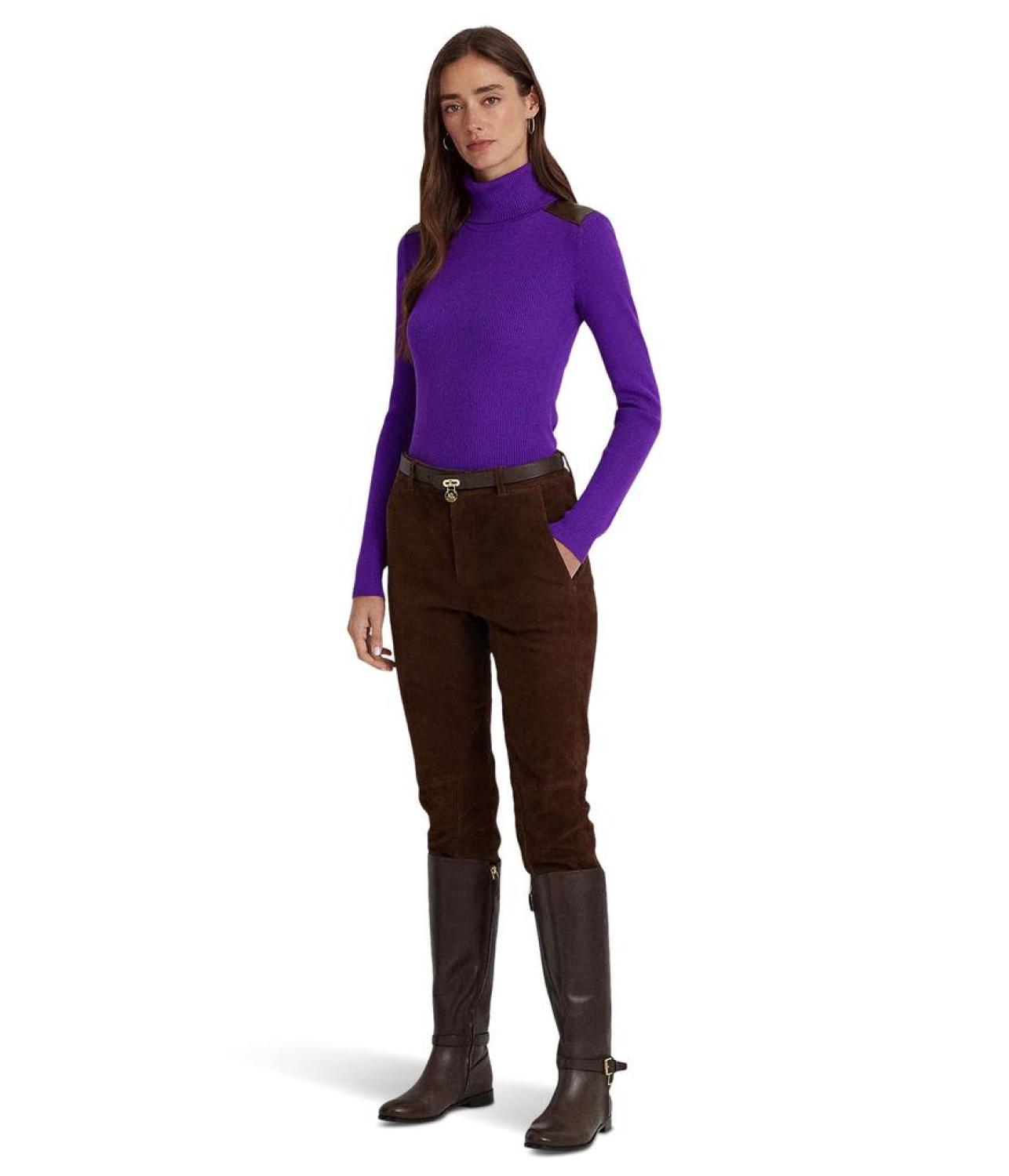 Faux Leather-Trim Ribbed Turtleneck