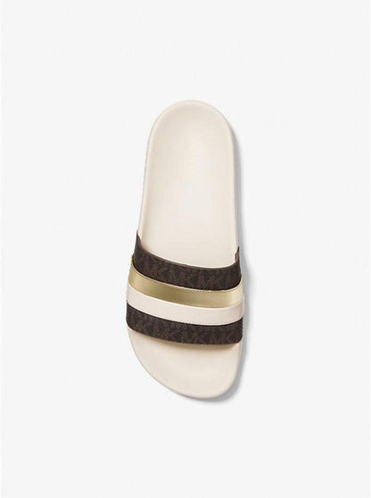 Brandy Metallic Striped Logo Slide Sandal