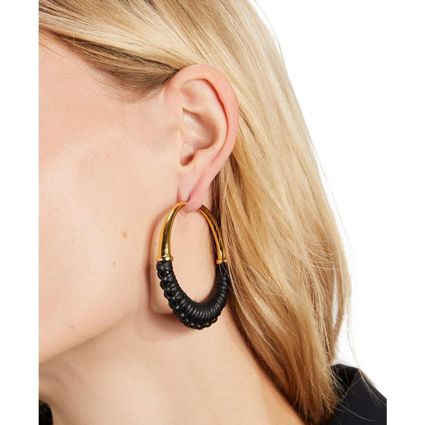 Gold-Tone Large Leather-Wrapped Hoop Earrings, 2.16"