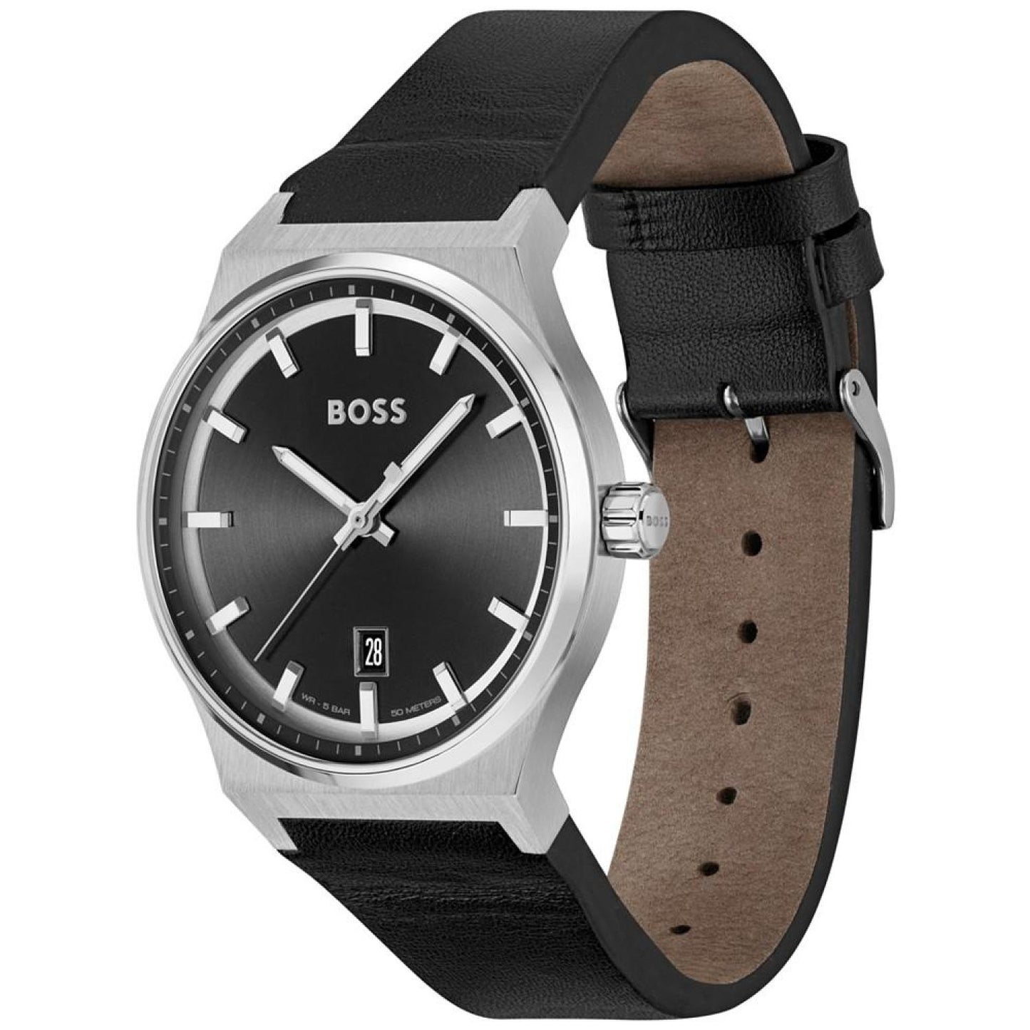 Men's Candor Quartz Basic Calendar Black Leather Watch 41mm