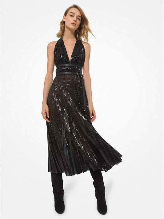 Leather Trim Sequined Tulle Halter Dress