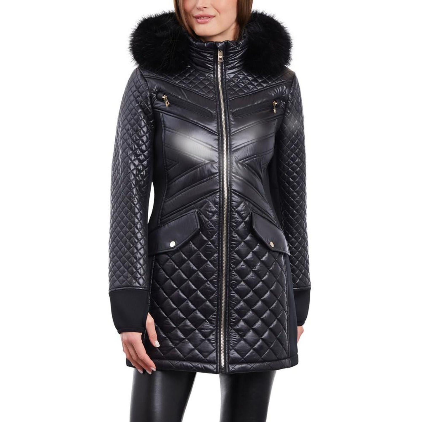 Women's Petite Faux-Fur-Trim Hooded Quilted Coat