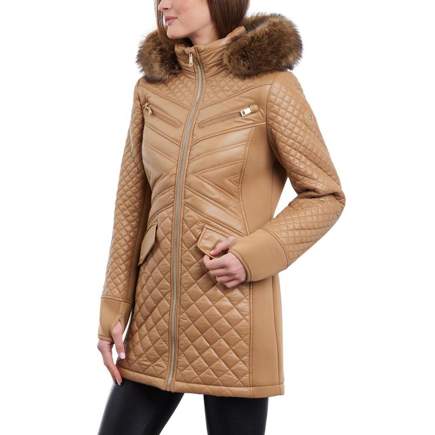 Women's Petite Faux-Fur-Trim Hooded Quilted Coat