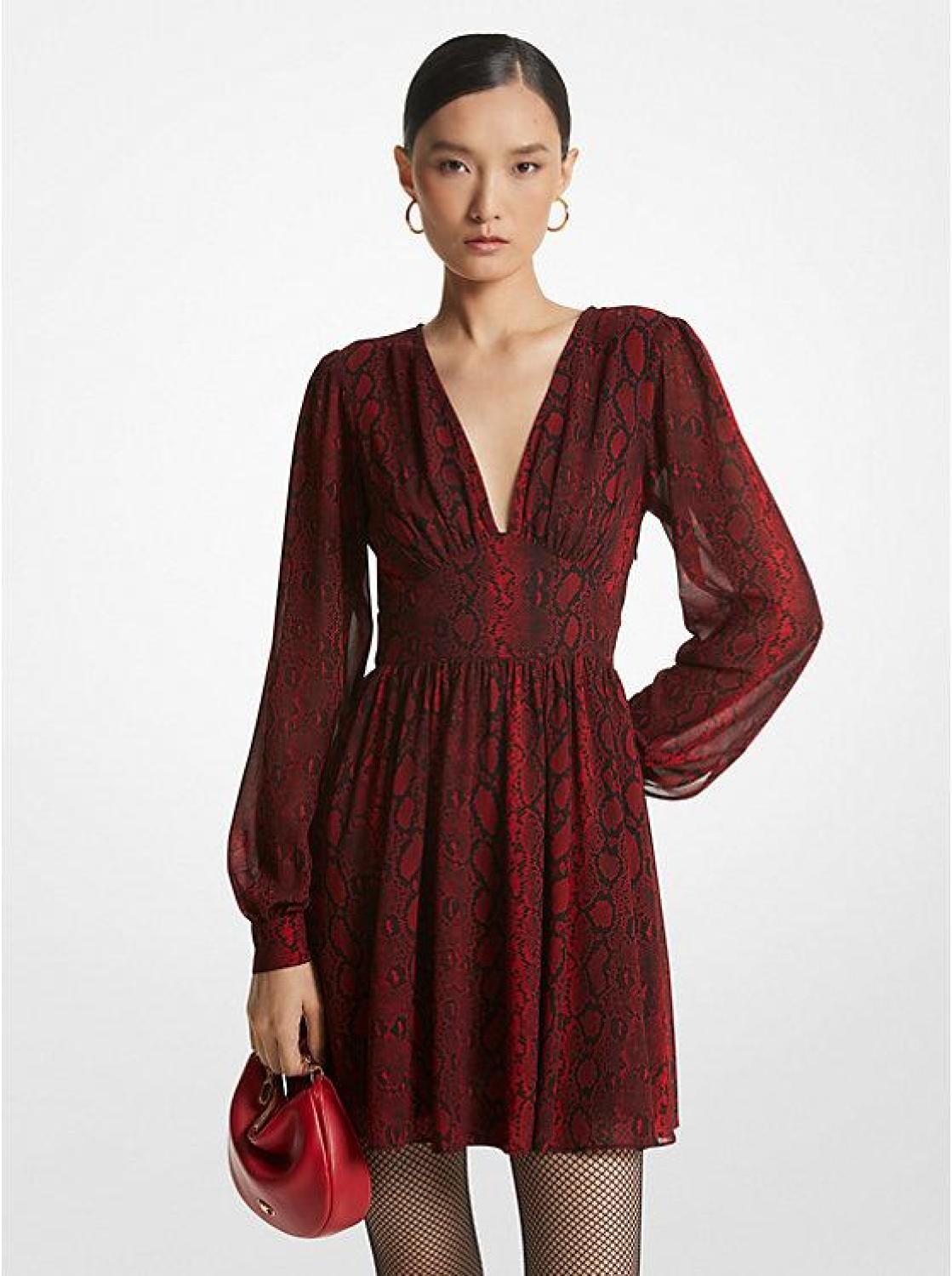 Snake Print Georgette V-Neck Dress