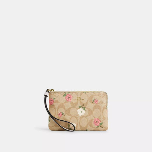 Coach Outlet Corner Zip Wristlet In Signature Canvas With Floral Print