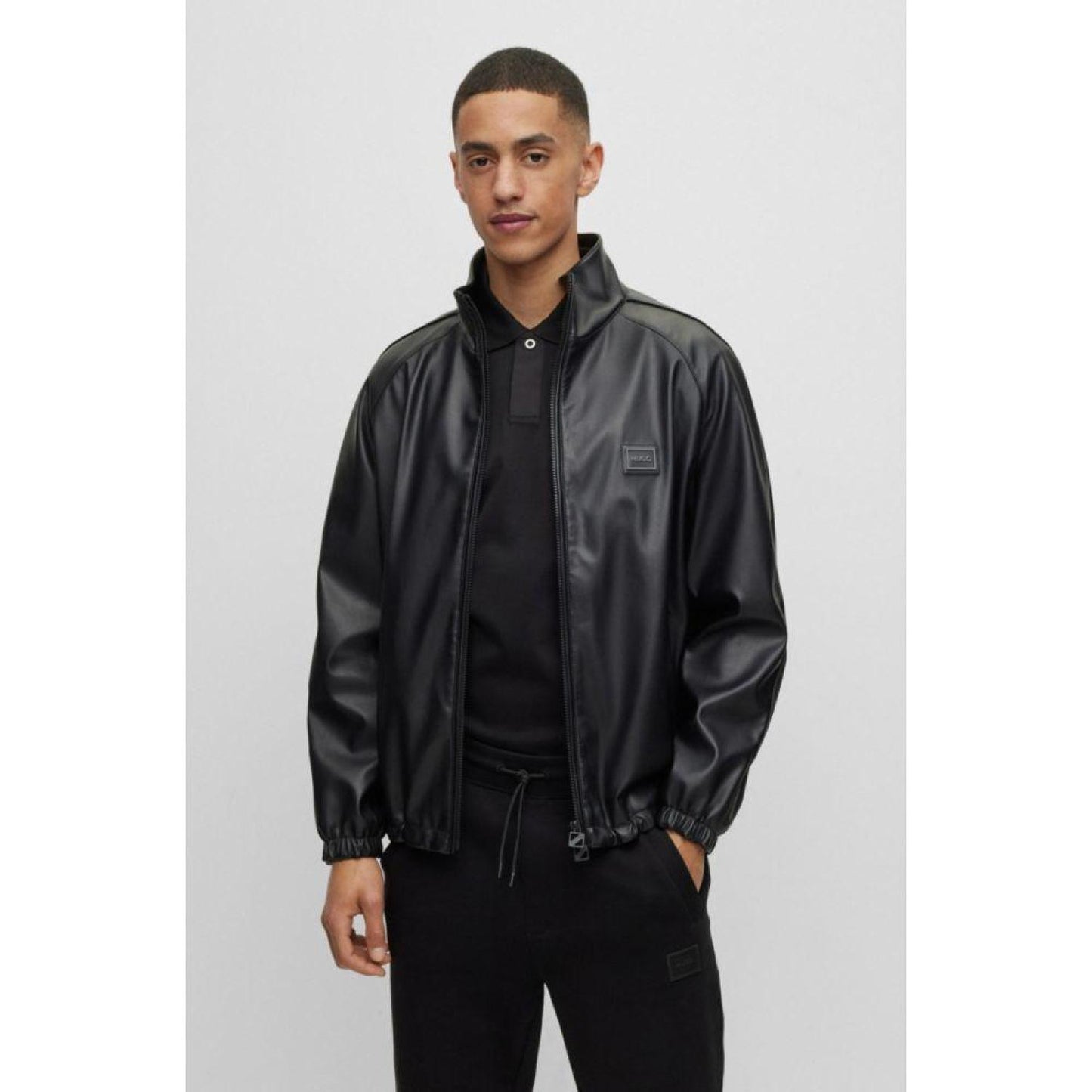 Faux-leather relaxed-fit jacket with framed logo