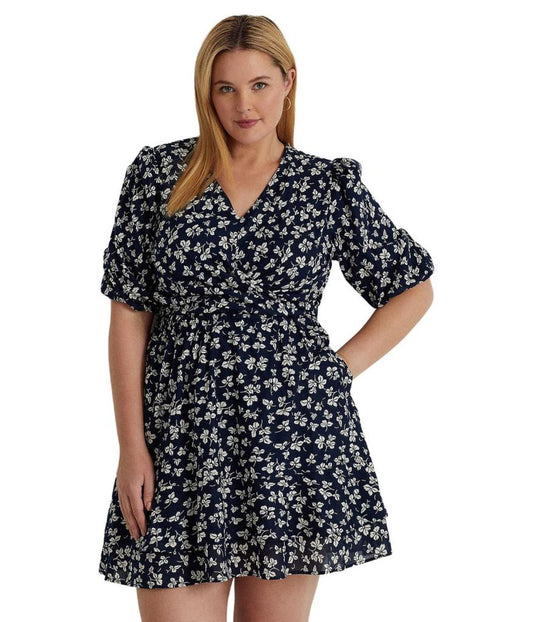 Plus Size Print Tie Front Cotton Puff-Sleeve Dress