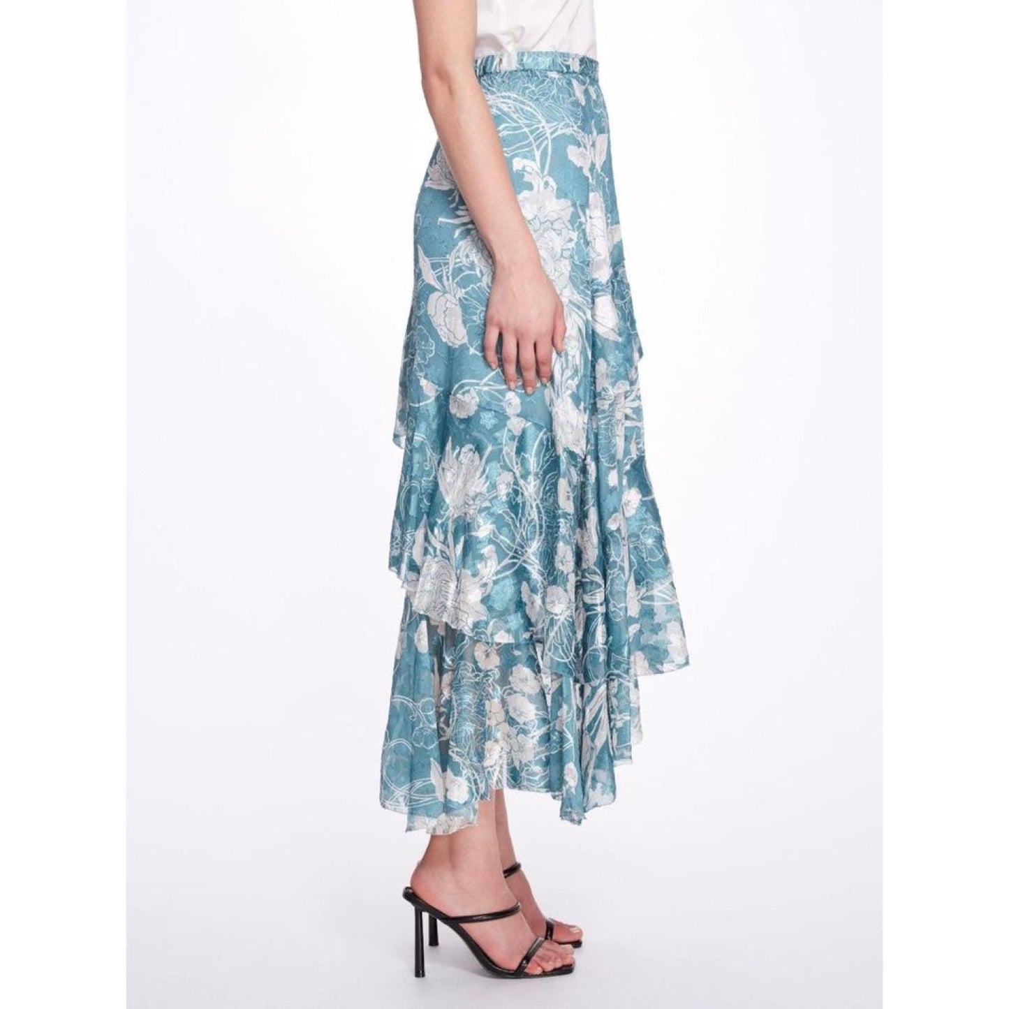 Floral Print Ruffled Chiffon Hi-Lo Skirt