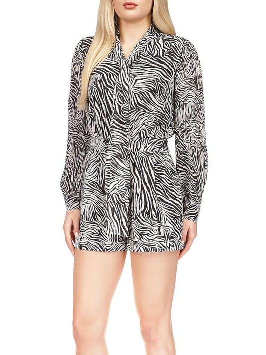 Womens Zebra Print Mini Tie-Neck Romper