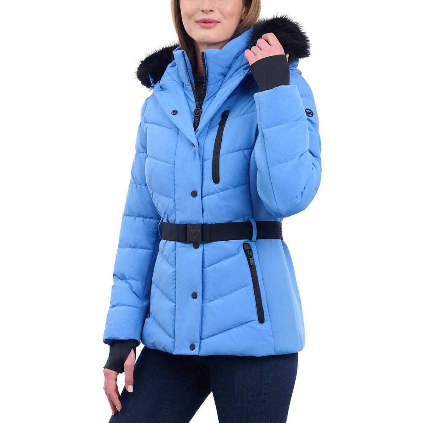 Women's Belted Faux-Fur-Trim Hooded Puffer Coat