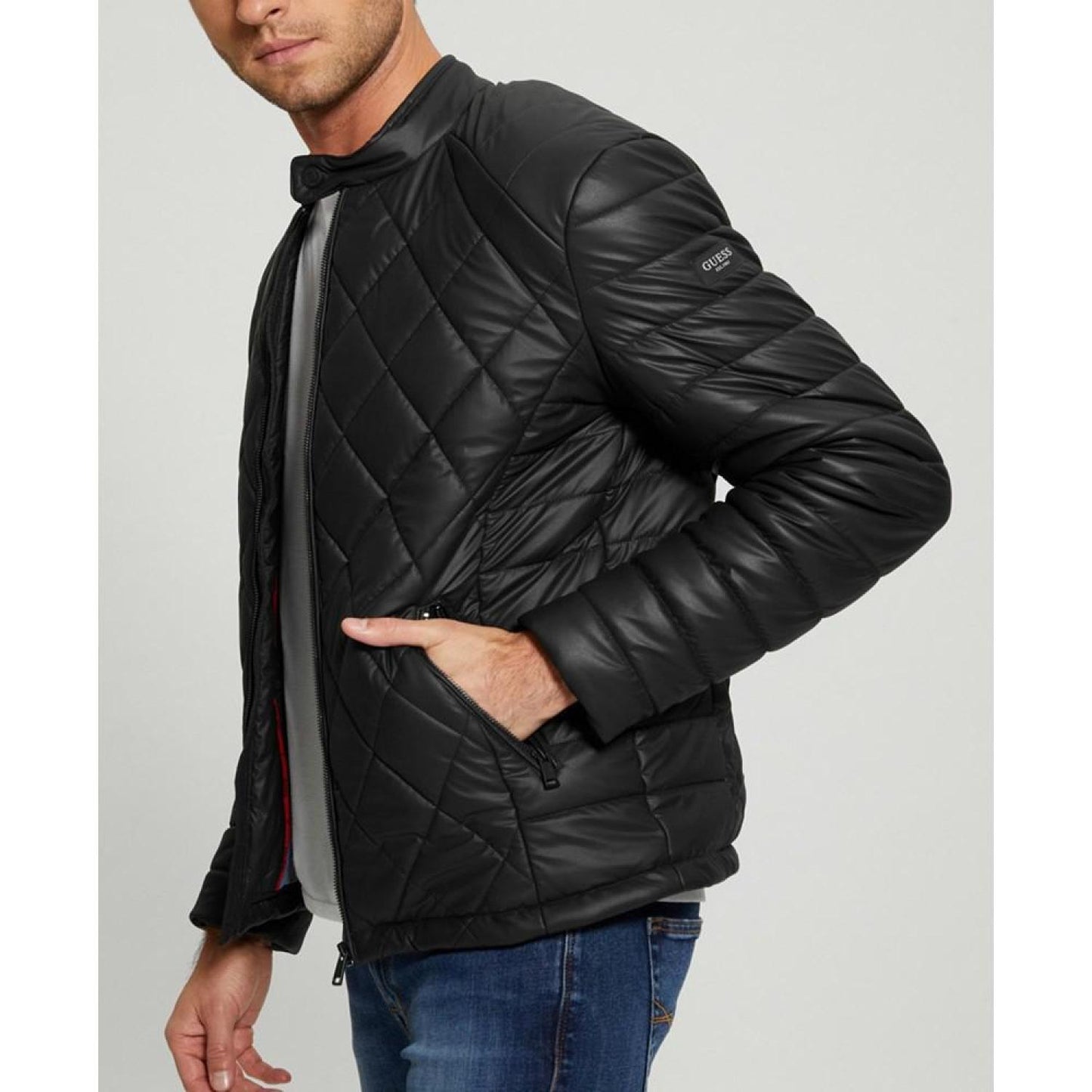 Men's Stretch Faux Leather Biker Collar Jacket