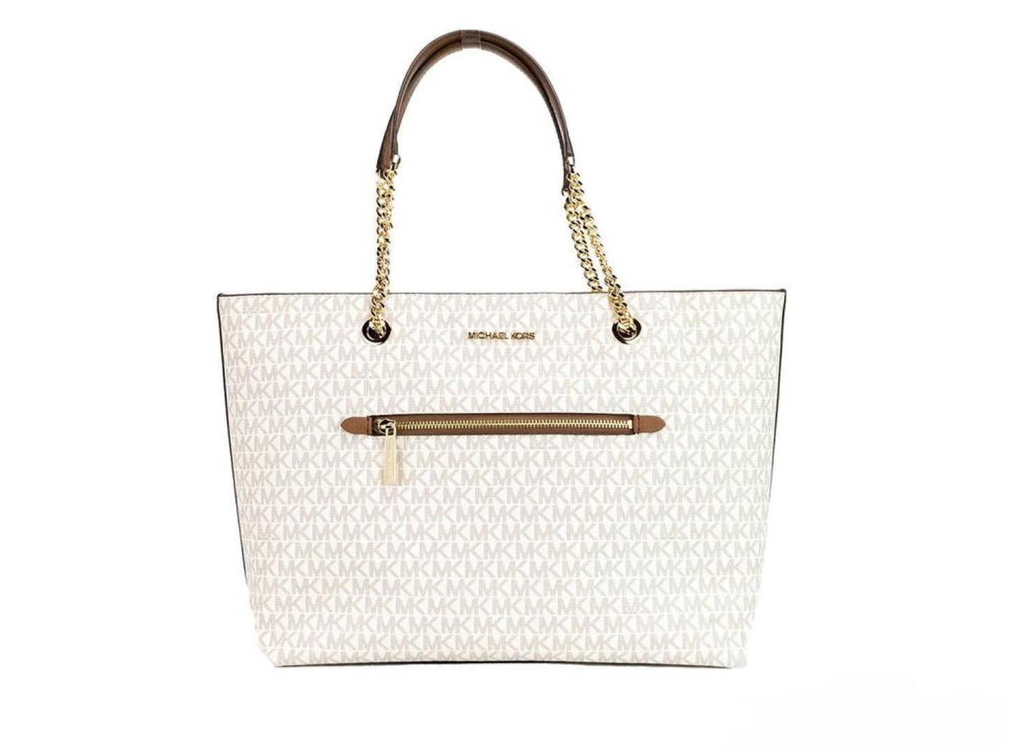 Michael Kors Jet Set Medium ivory Signature PVC Front Zip Chain Tote Bag Women's Purse