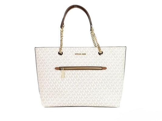 Michael Kors Jet Set Medium ivory Signature PVC Front Zip Chain Tote Bag Women's Purse