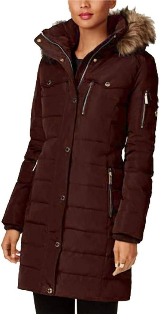 3/4 Down Puffer Faux Fur Hooded Coat In Chocolate Brown