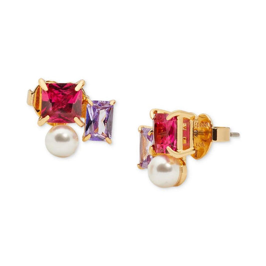 Gold-Tone Cubic Zirconia & Imitation Pearl Cluster Stud Earrings