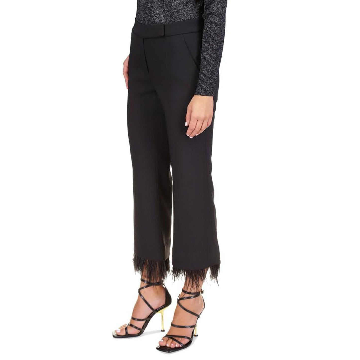 Women's Cropped Detachable Feather Trim Stretch Crepe Pants