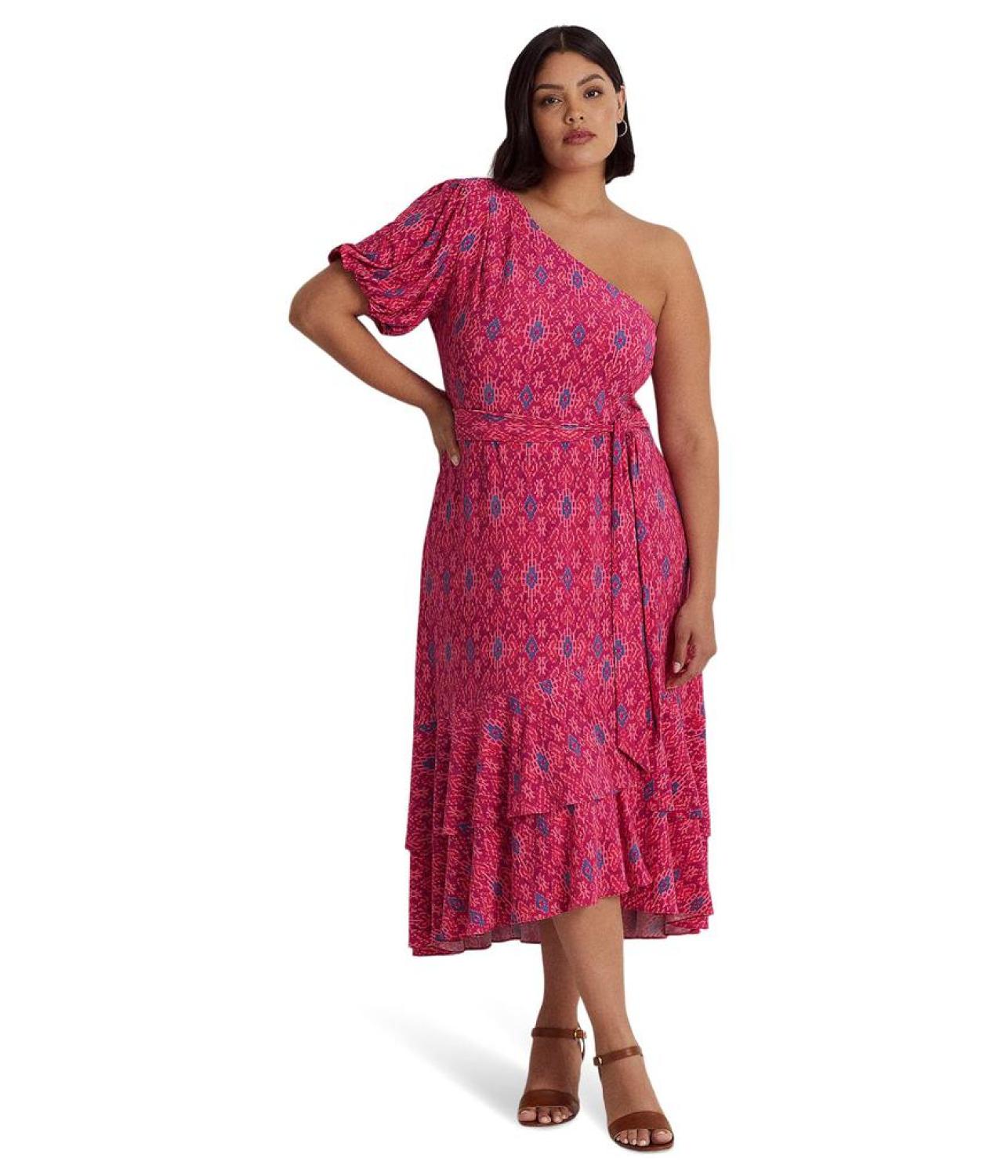 Plus Size Geo-Print Jersey One-Shoulder Dress