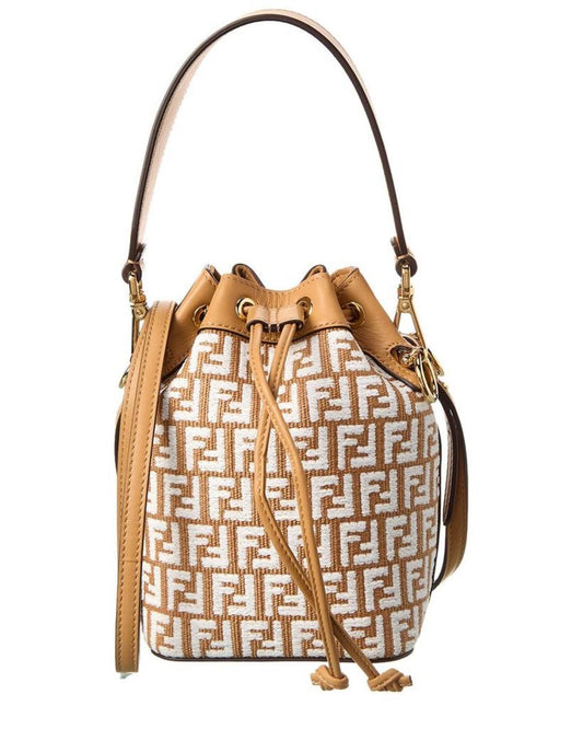 FENDI Mon Tresor Mini Raffia & Leather Bucket Bag