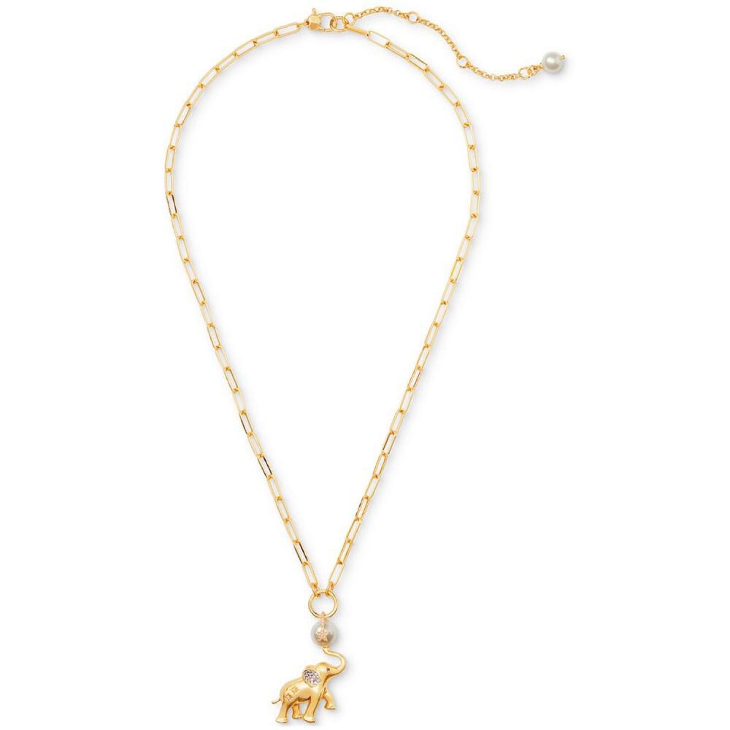 Gold-Tone Pavé & Imitation Pearl Elephant Pendant Necklace, 20" + 3" extender