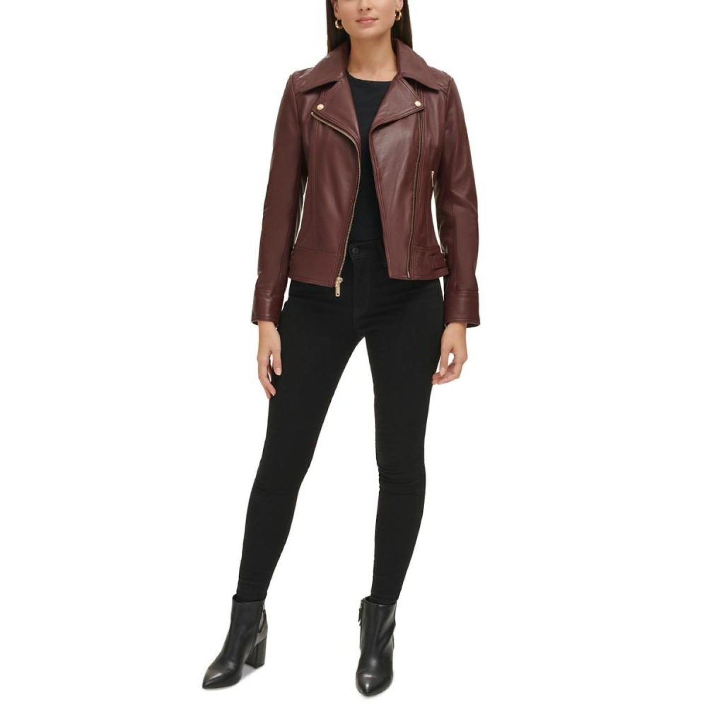 Women's Petite Quilted-Sleeve Leather Moto Coat, Created for Macy's