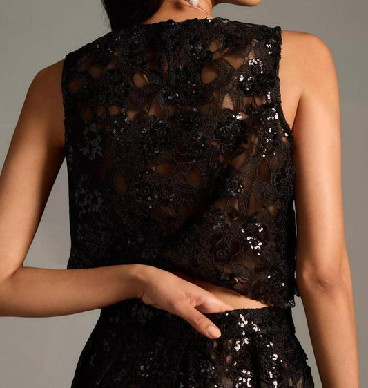 Sheer Embroidered Sequin Tank Top In Black