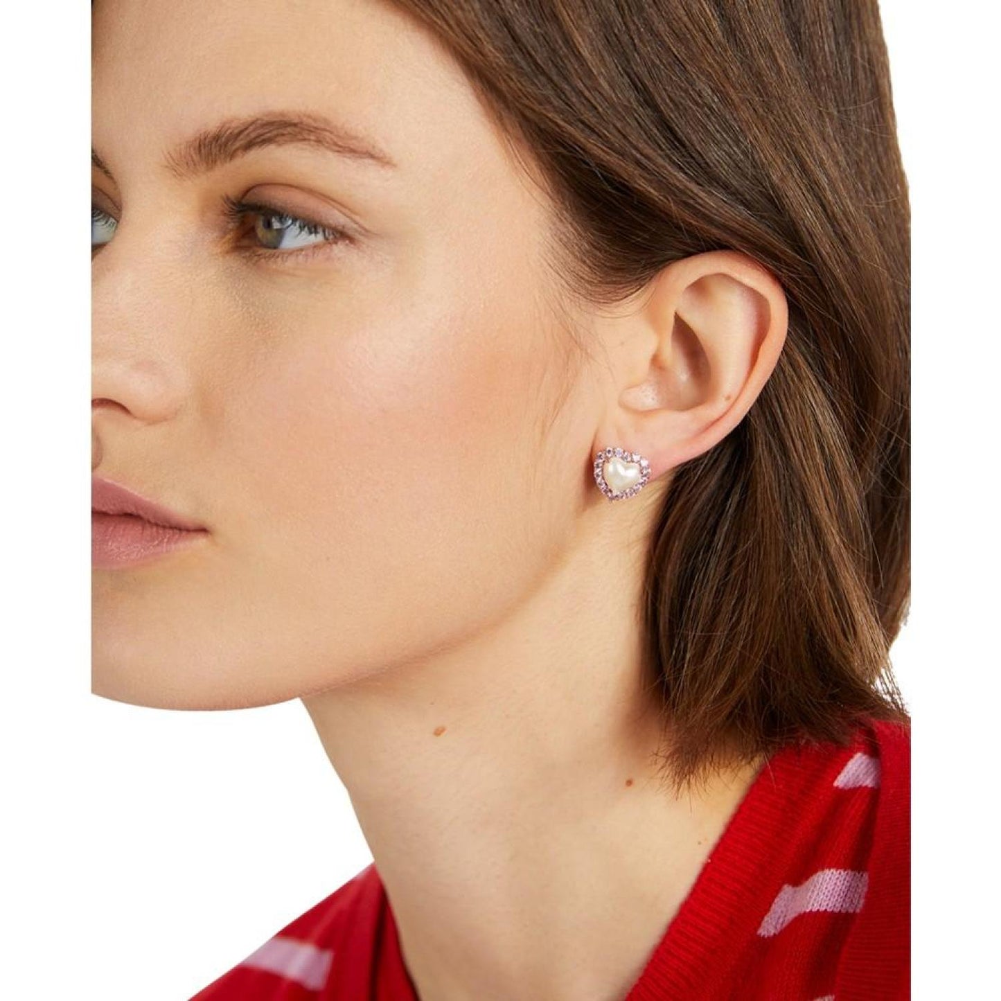 Silver-Tone Pavé & Imitation Pearl Heart Stud Earrings