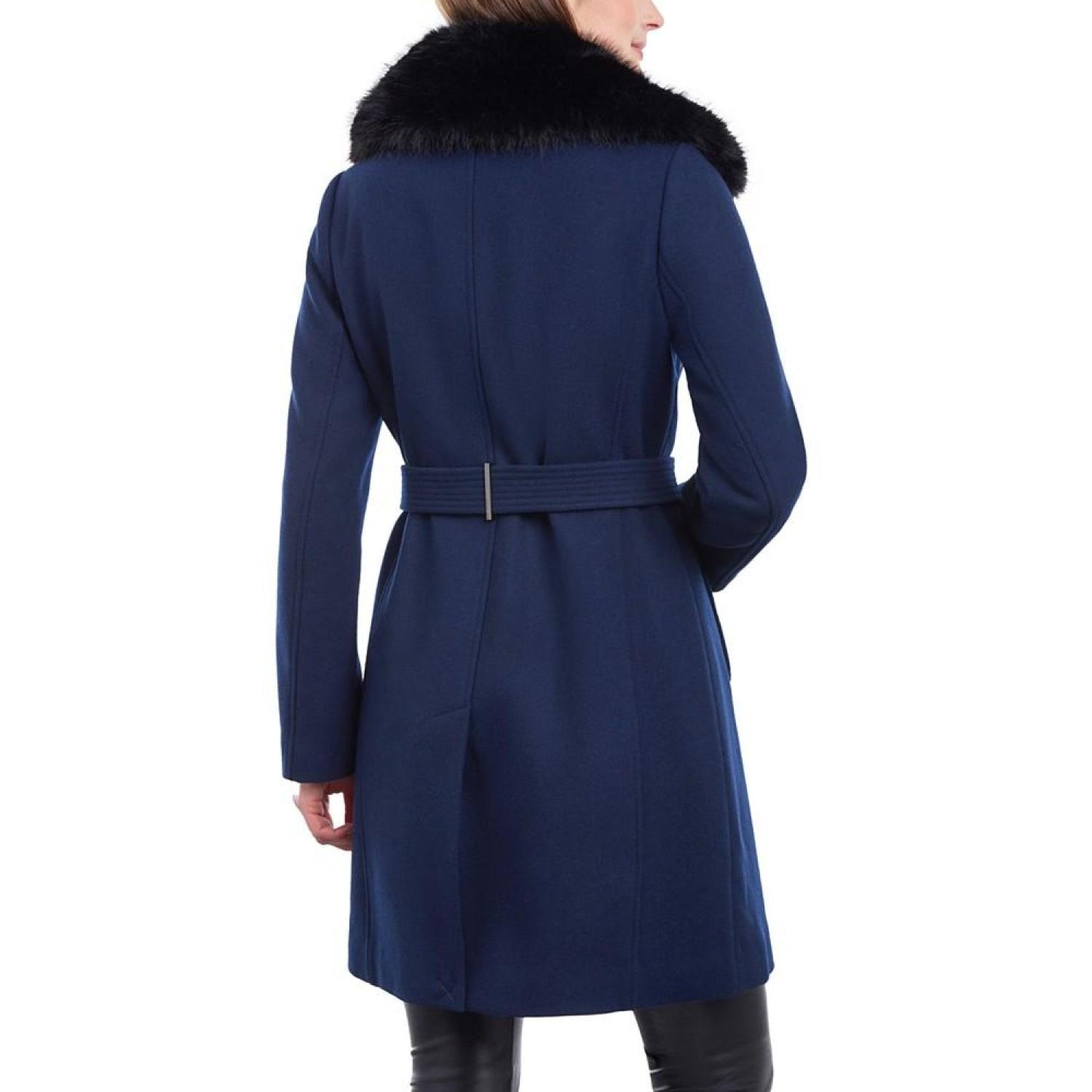 Women's Petite Belted Faux-Fur-Collar Coat