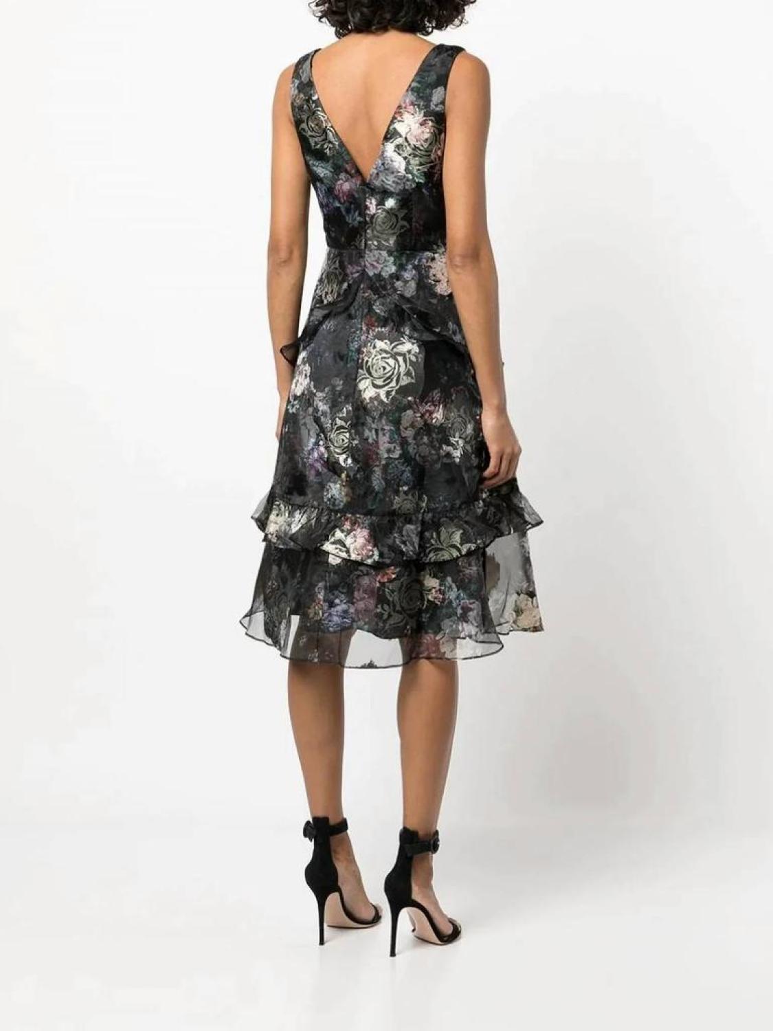 Floral Ruffled Midi Dress In Black