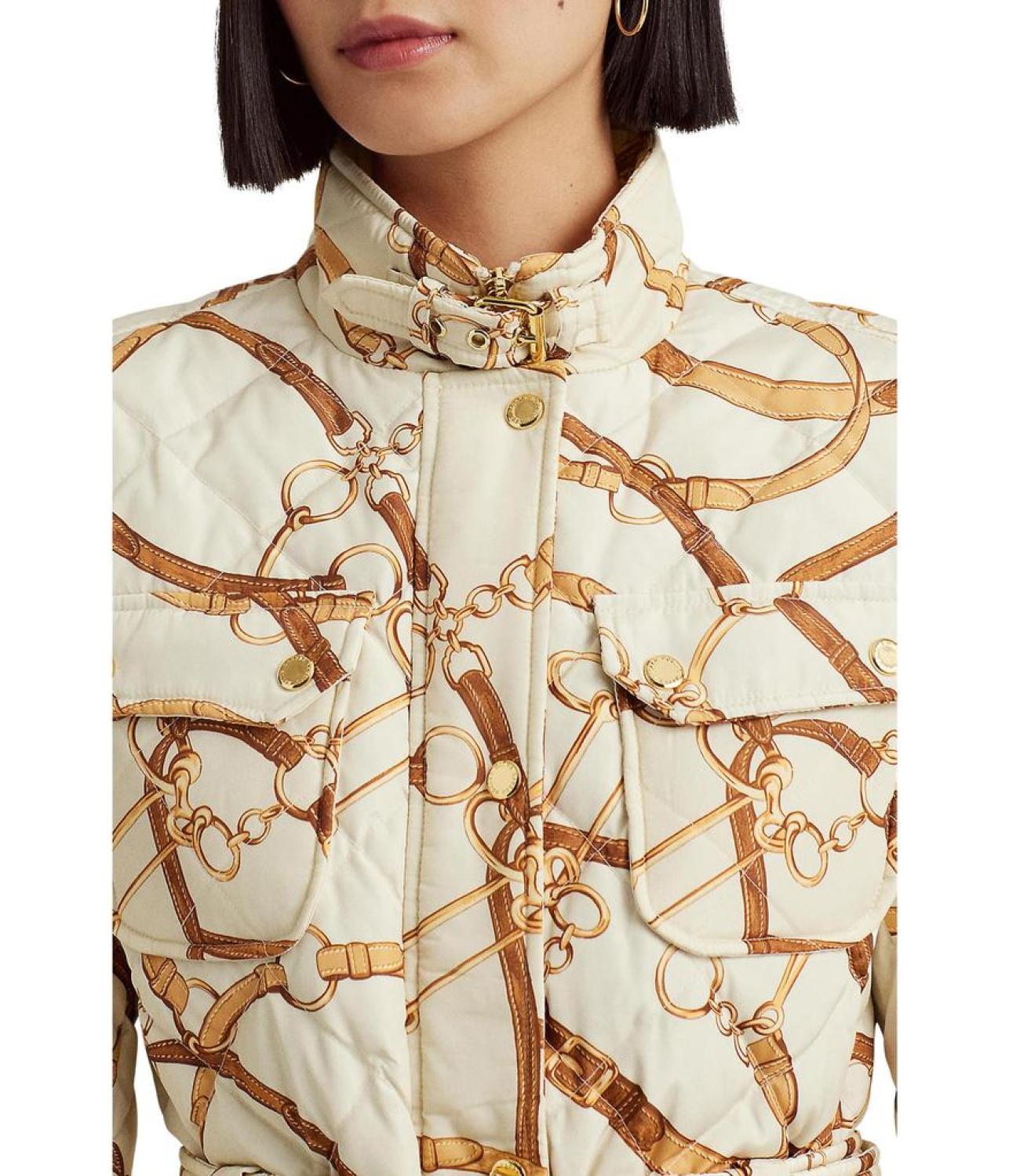 Belting-Print Diamond-Quilted Down Coat