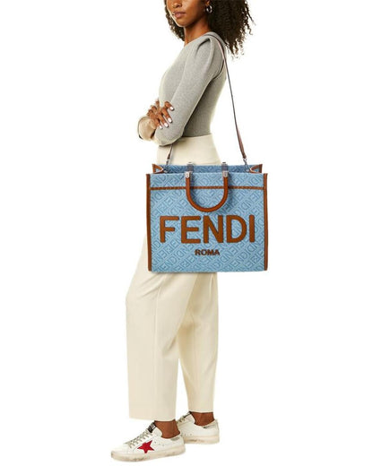 FENDI Sunshine Medium Denim & Leather Tote