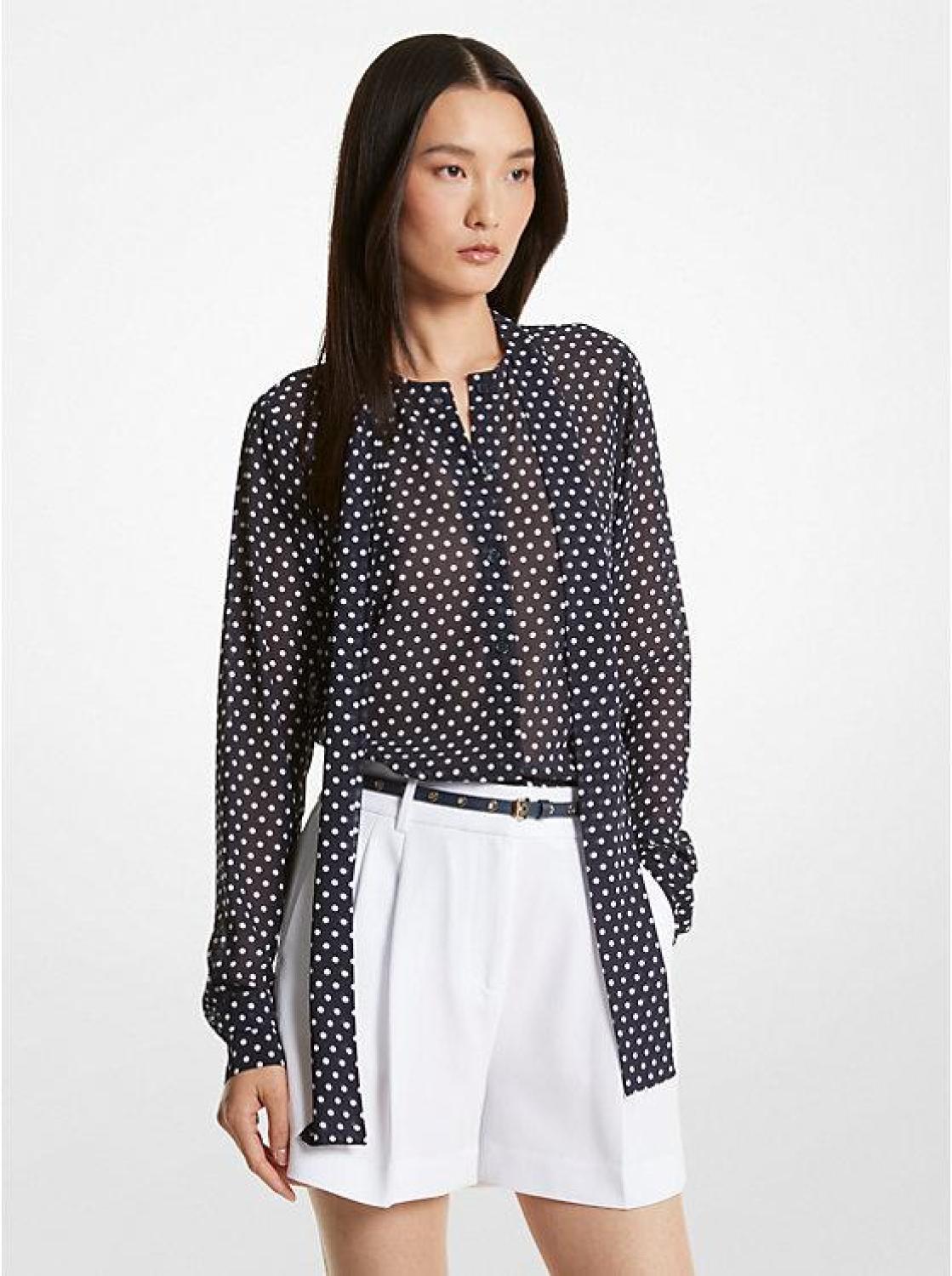 Polka Dot Georgette Tie-Neck Blouse