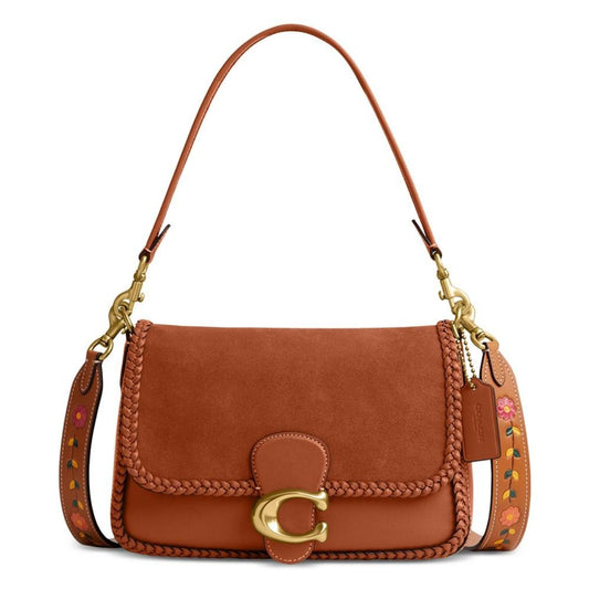 Braided Trim Mixed Leather with Suede Flap Soft Tabby Shoulder Bag