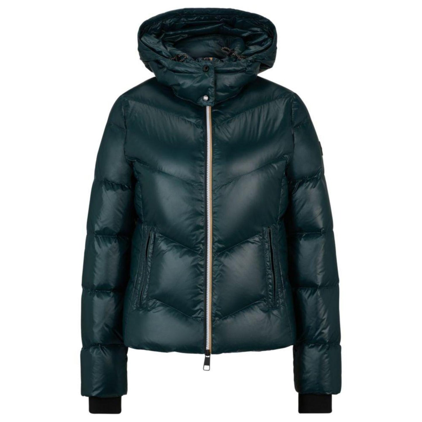 High-shine quilted down jacket with adjustable hood