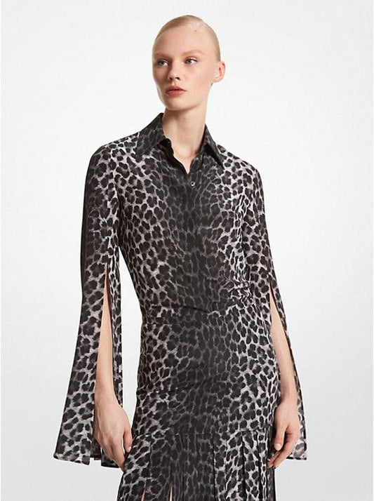 Leopard Silk Crepe De Chine Slit-Sleeve Shirt