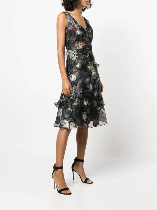 Floral Ruffled Midi Dress In Black