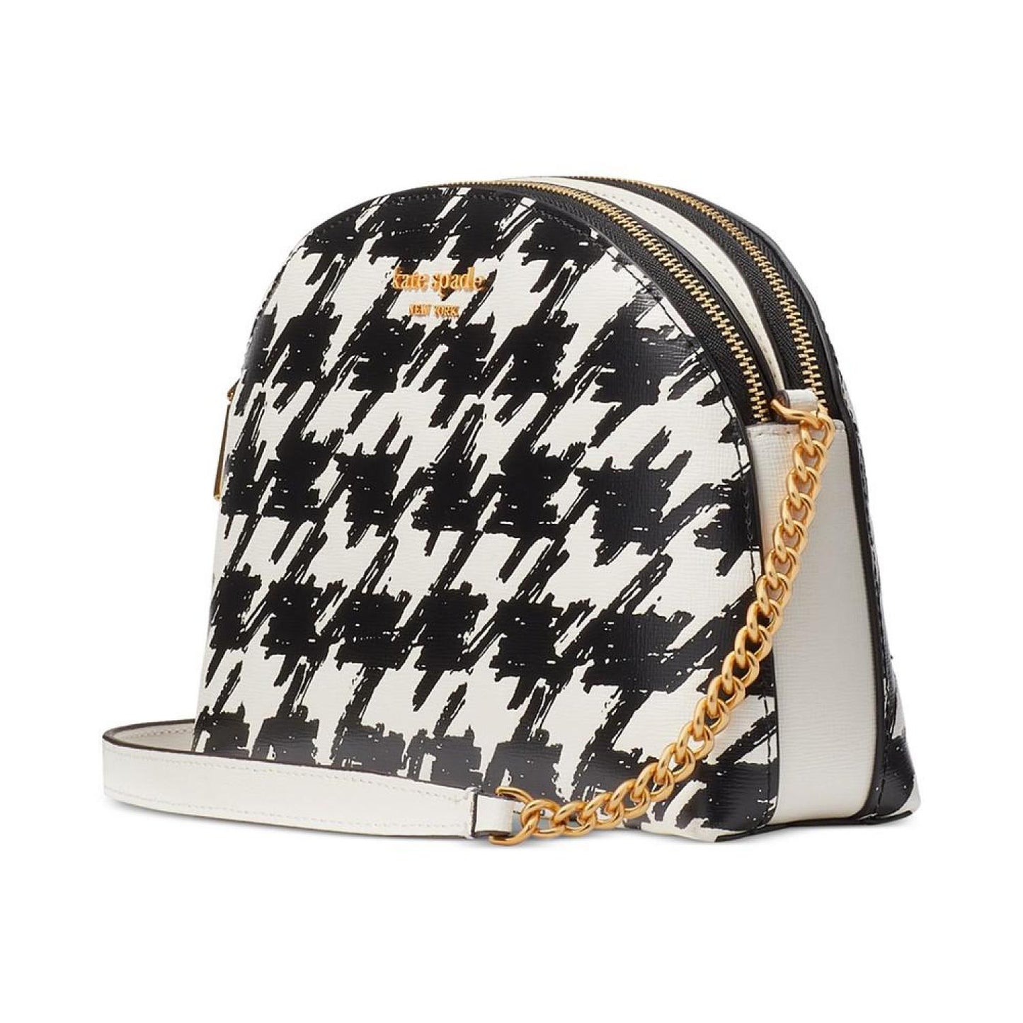 Morgan Painterly Houndstooth Embossed Saffiano Leather Double Zip Dome Crossbody