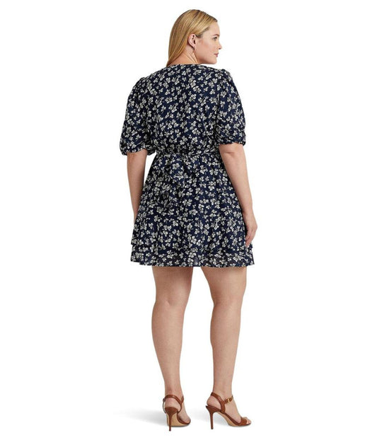 Plus Size Print Tie Front Cotton Puff-Sleeve Dress