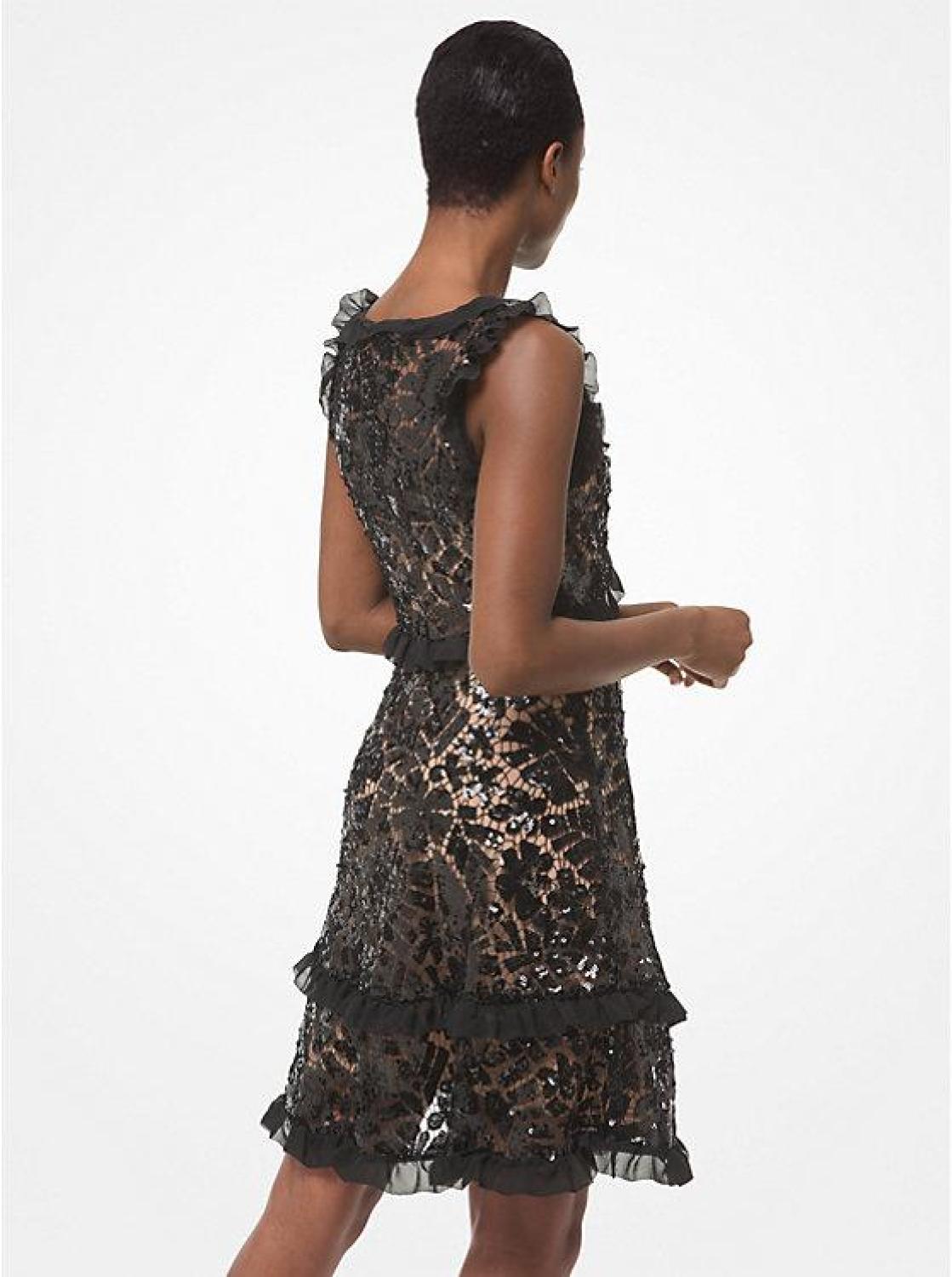 Sequined Lace Ruffle-Trim Dress