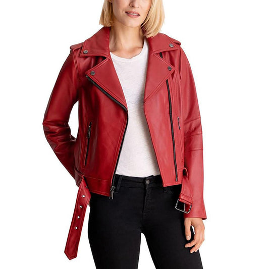 Michael Kors women's Moto Leather Jacket-Scarlet