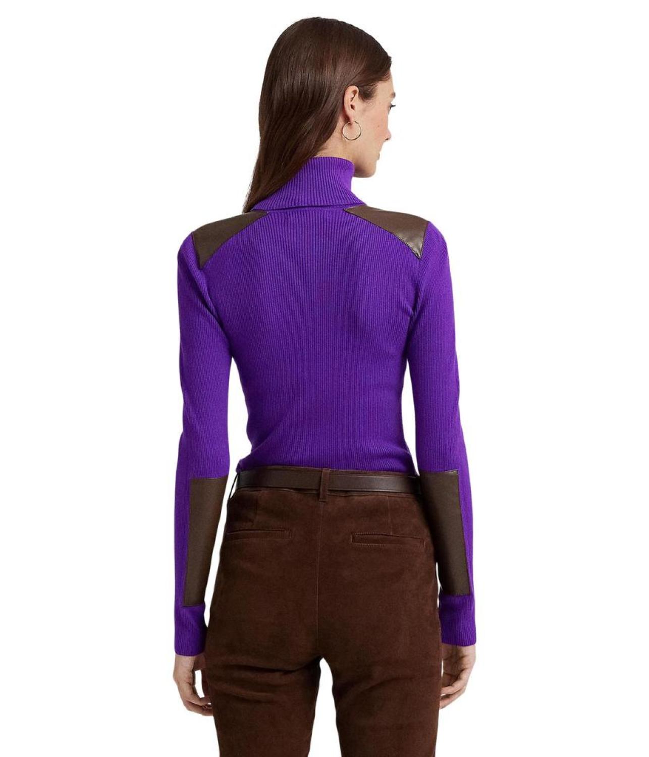 Faux Leather-Trim Ribbed Turtleneck