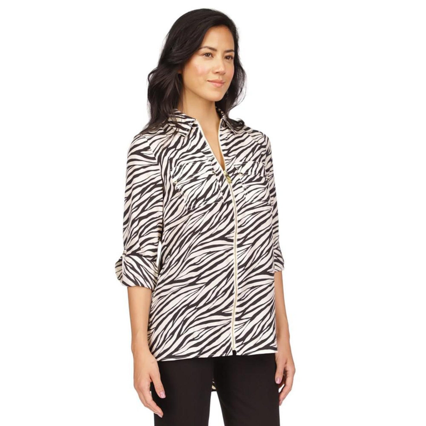 Women's Animal-Print Zip-Front Roll-Tab-Sleeve Top, Regular & Petite