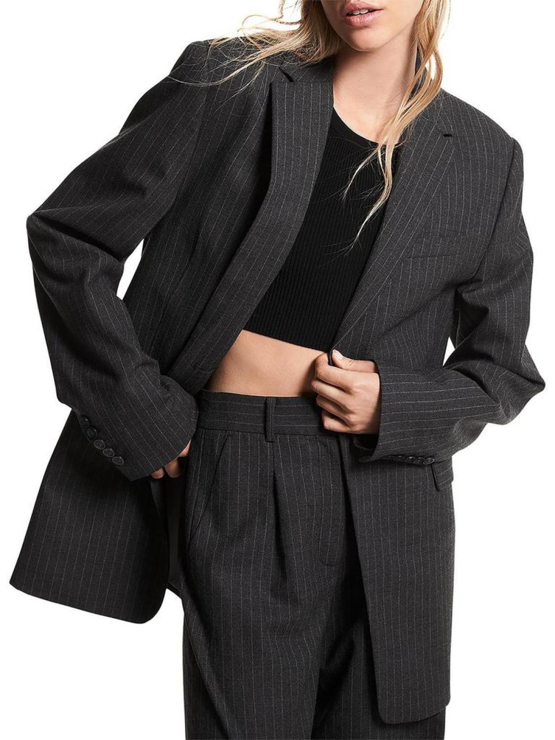 Womens Wool Blend Pinstripe Double-Breasted Blazer