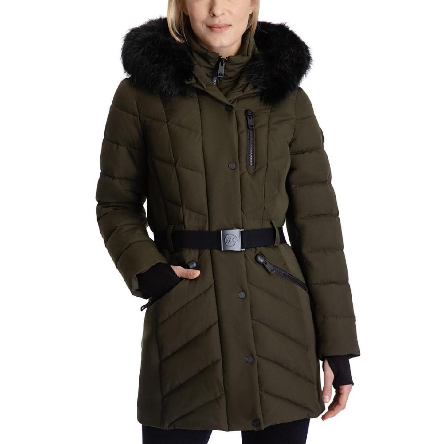 Women's Belted Faux-Fur-Trim Hooded Puffer Coat