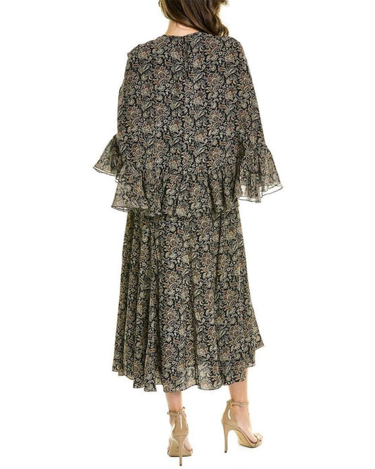 Michael Kors Floral Ruffle Silk Cape Dress