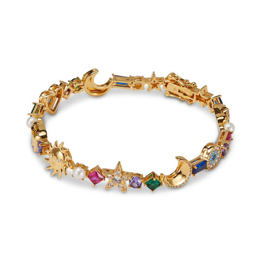 Gold-Tone Mixed Stone Sun, Moon & Star Charm Tennis Bracelet