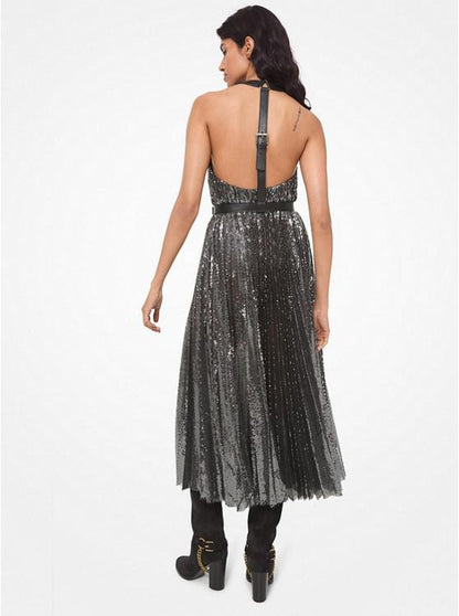 Leather Trim Sequined Tulle Dress